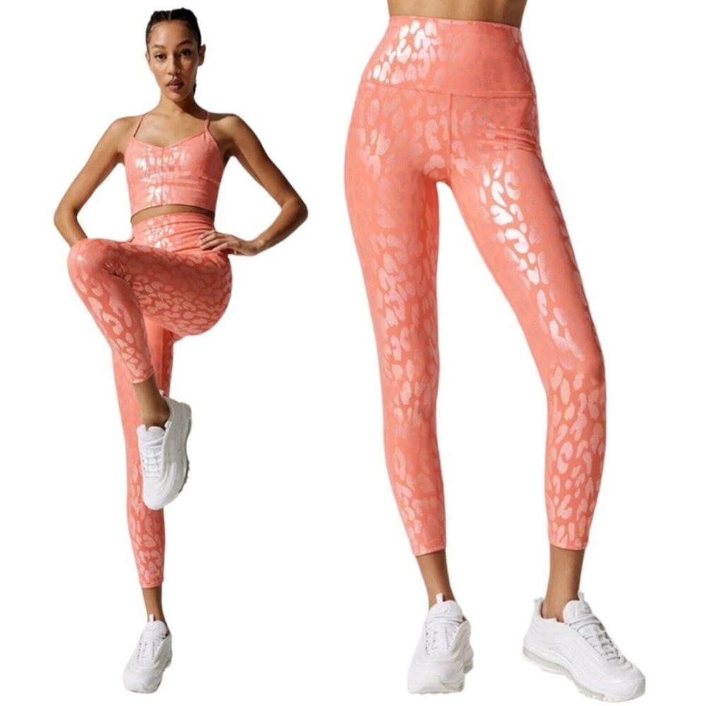 Carbon38 Metallic High Rise 7/8 Leggings in Leopard Print Orange